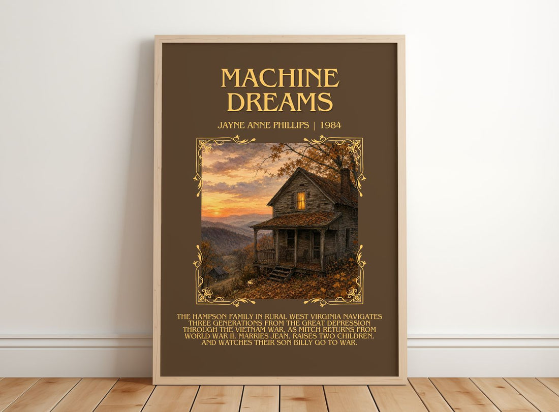 Machine Dreams Minimalist Book Poster by Jayne Anne Phillips – framed print leaning on a wooden floor