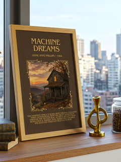 Machine Dreams Minimalist Book Poster by Jayne Anne Phillips – framed print on a city-view windowsill
