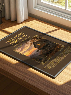 Machine Dreams Minimalist Book Poster by Jayne Anne Phillips – print on a sunlit desk