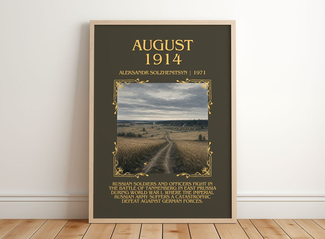 August 1914 Minimalist Book Poster by Aleksandr Solzhenitsyn – framed print leaning on a wooden floor