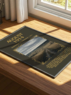 August 1914 Minimalist Book Poster by Aleksandr Solzhenitsyn – print on a sunlit desk
