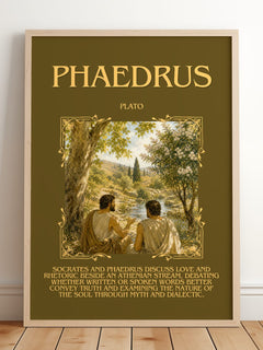Phaedrus Minimalist Book Poster by Plato – framed print leaning on a wooden floor