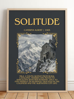Solitude Minimalist Book Poster by Caterina Albert – framed print leaning on a wooden floor