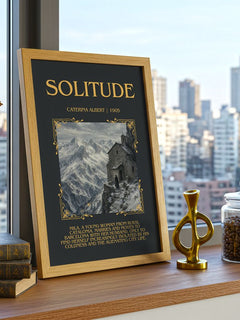 Solitude Minimalist Book Poster by Caterina Albert – framed print on a city-view windowsill