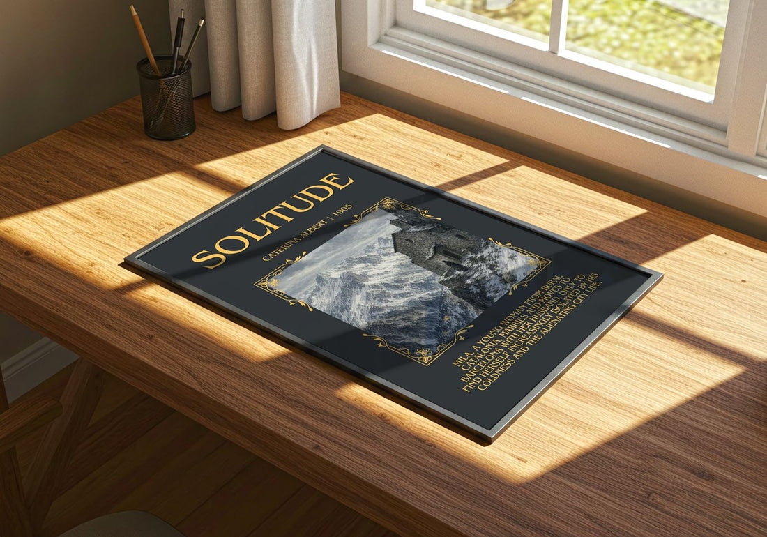 Solitude Minimalist Book Poster by Caterina Albert – print on a sunlit desk
