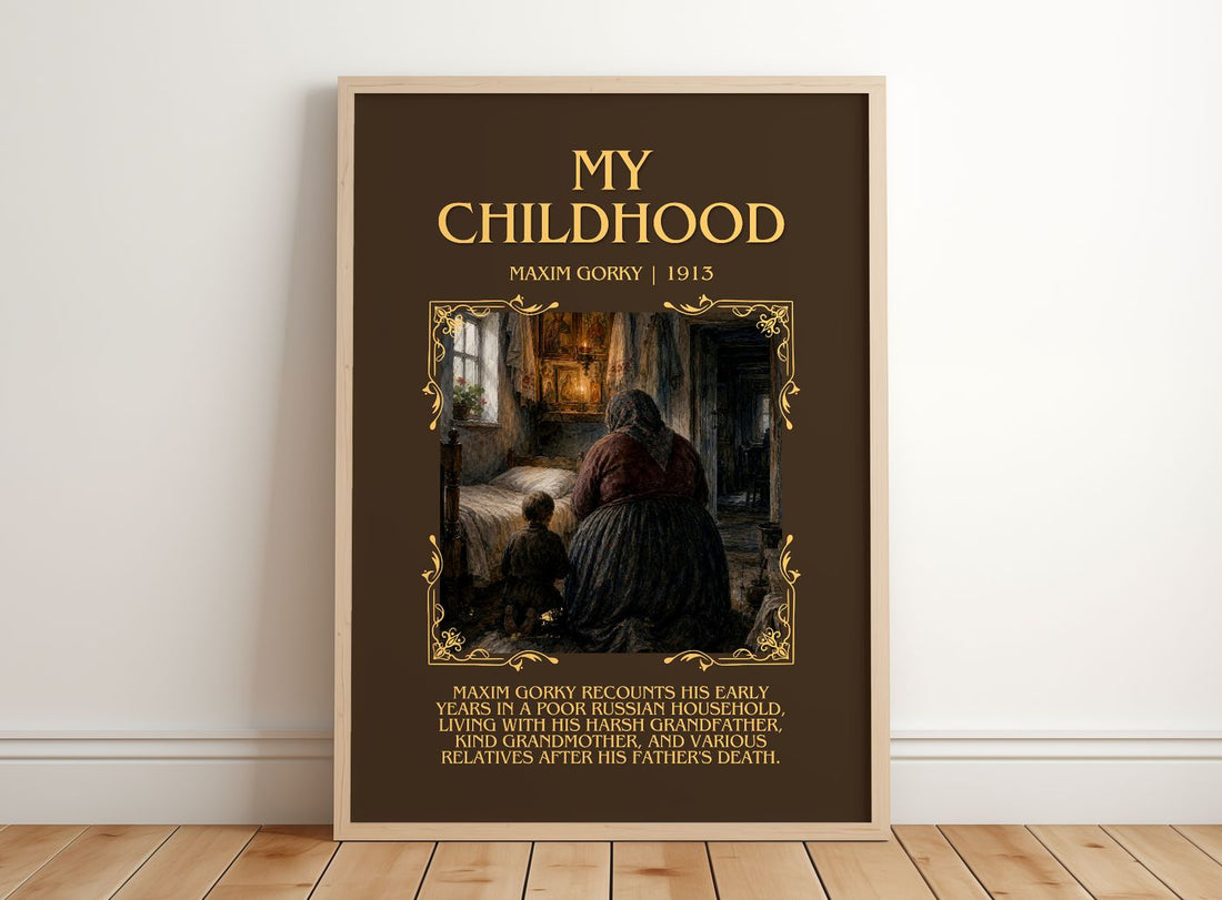 My Childhood Minimalist Book Poster by Maxim Gorky – framed print leaning on a wooden floor