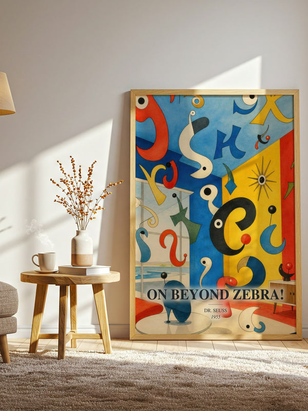 On Beyond Zebra! watercolour print in frame leaning in hallway – childrens wall art