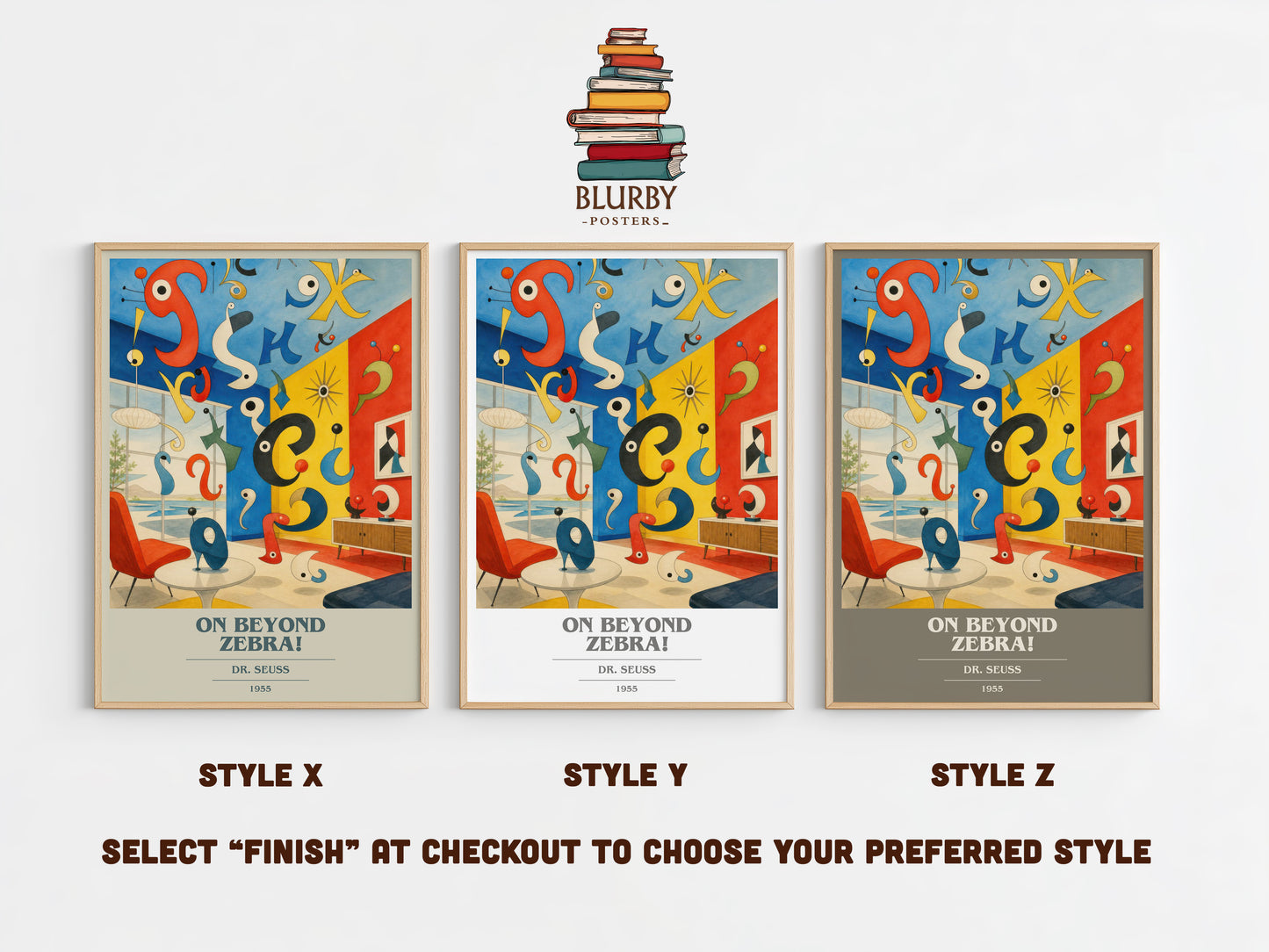 On Beyond Zebra! book cover print in frame leaning in hallway – childrens wall art