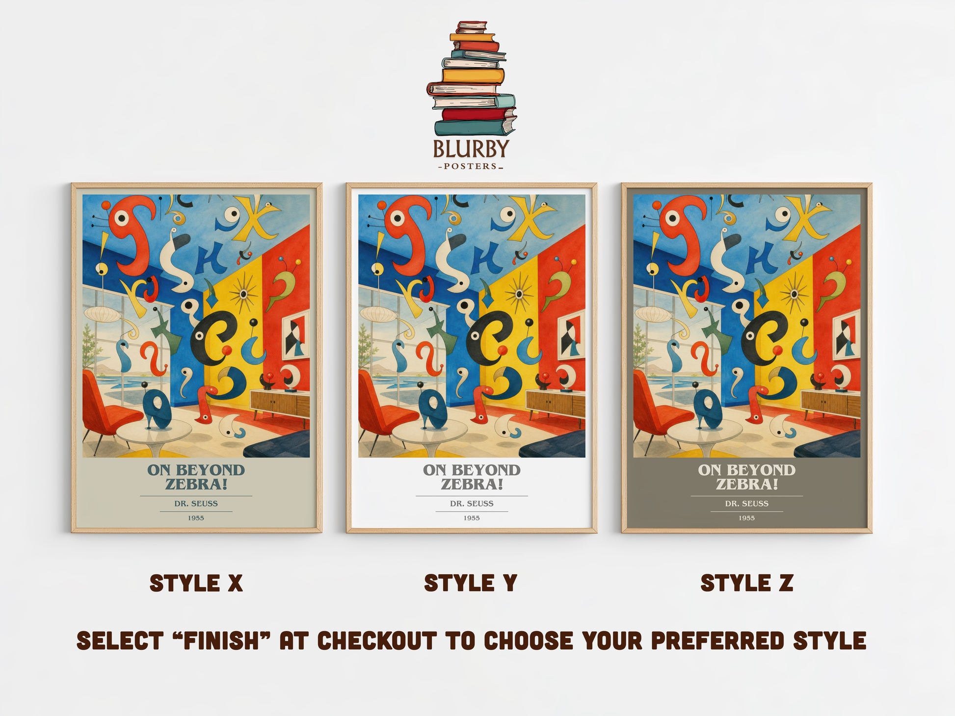 On Beyond Zebra! book cover print in frame leaning in hallway – childrens wall art