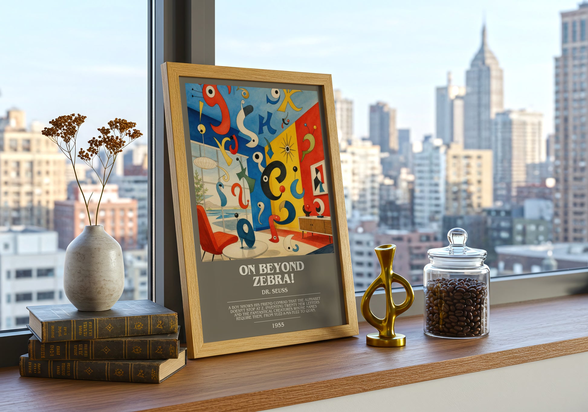 On Beyond Zebra! bookish print framed by window – literary home decor
