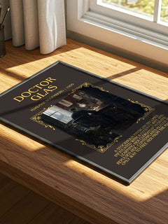 Doctor Glas Minimalist Book Poster by Hjalmar Soderberg – print on a sunlit desk