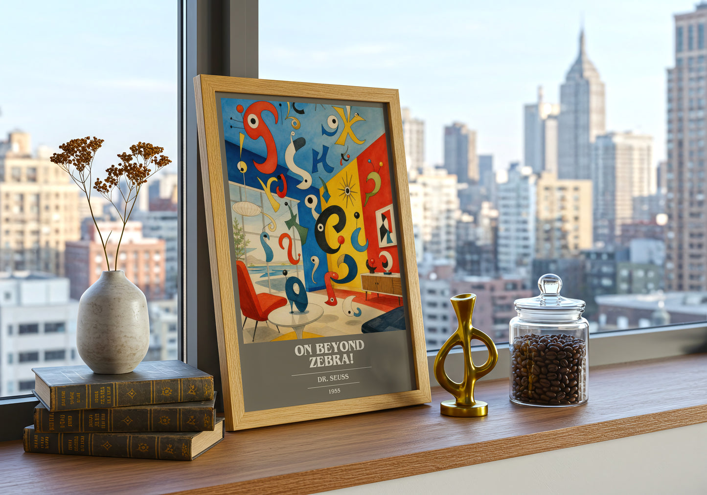 On Beyond Zebra! book cover print framed by window – literary home decor
