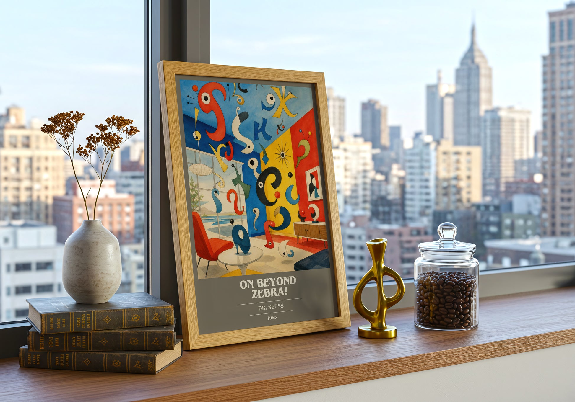 On Beyond Zebra! book cover print framed by window – literary home decor