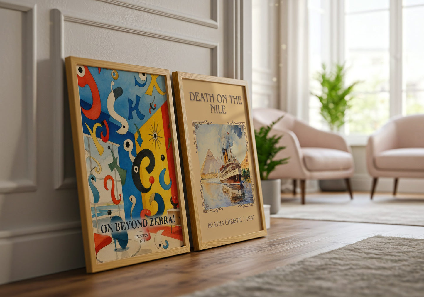 On Beyond Zebra! watercolour print framed by window – literary home decor