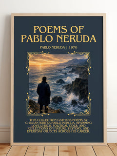 Poems of Pablo Neruda Minimalist Book Poster by Pablo Neruda – framed print leaning on a wooden floor