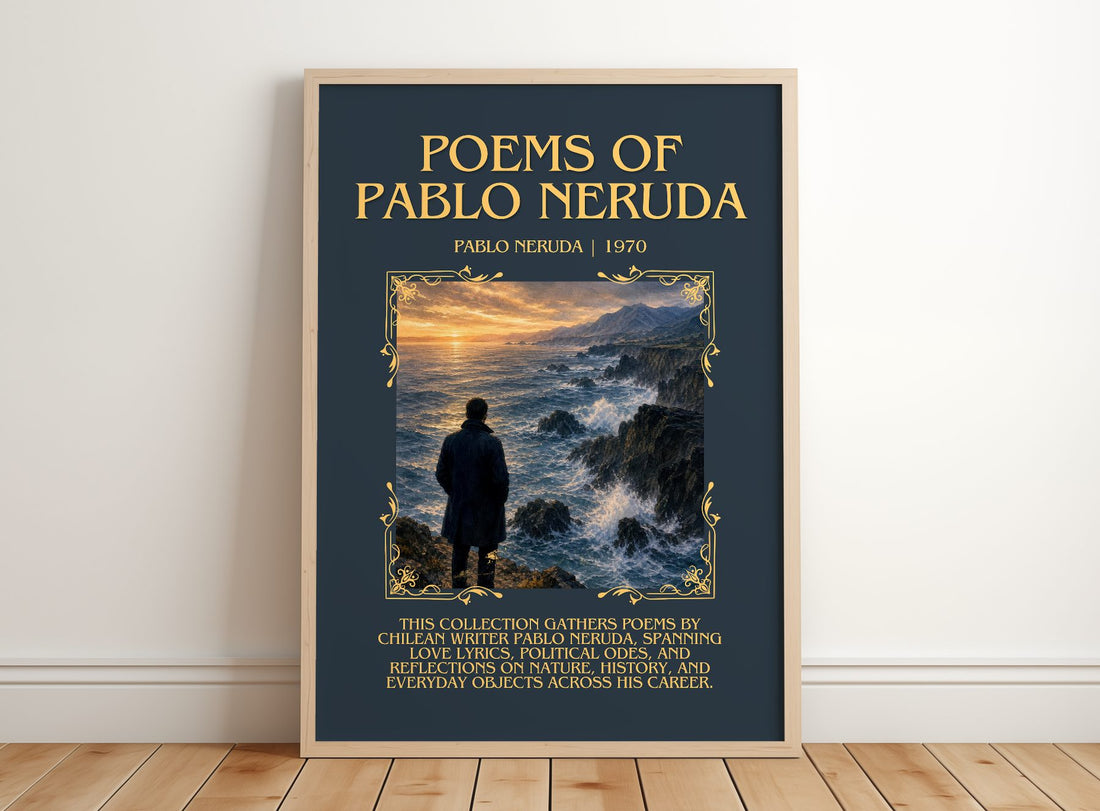 Poems of Pablo Neruda Minimalist Book Poster by Pablo Neruda – framed print leaning on a wooden floor