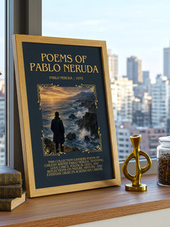 Poems of Pablo Neruda Minimalist Book Poster by Pablo Neruda – framed print on a city-view windowsill