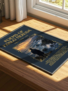 Poems of Pablo Neruda Minimalist Book Poster by Pablo Neruda – print on a sunlit desk
