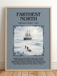 Farthest North Minimalist Book Poster by Fridtjof Nansen – framed print leaning on a wooden floor