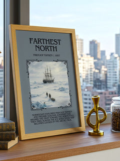 Farthest North Minimalist Book Poster by Fridtjof Nansen – framed print on a city-view windowsill