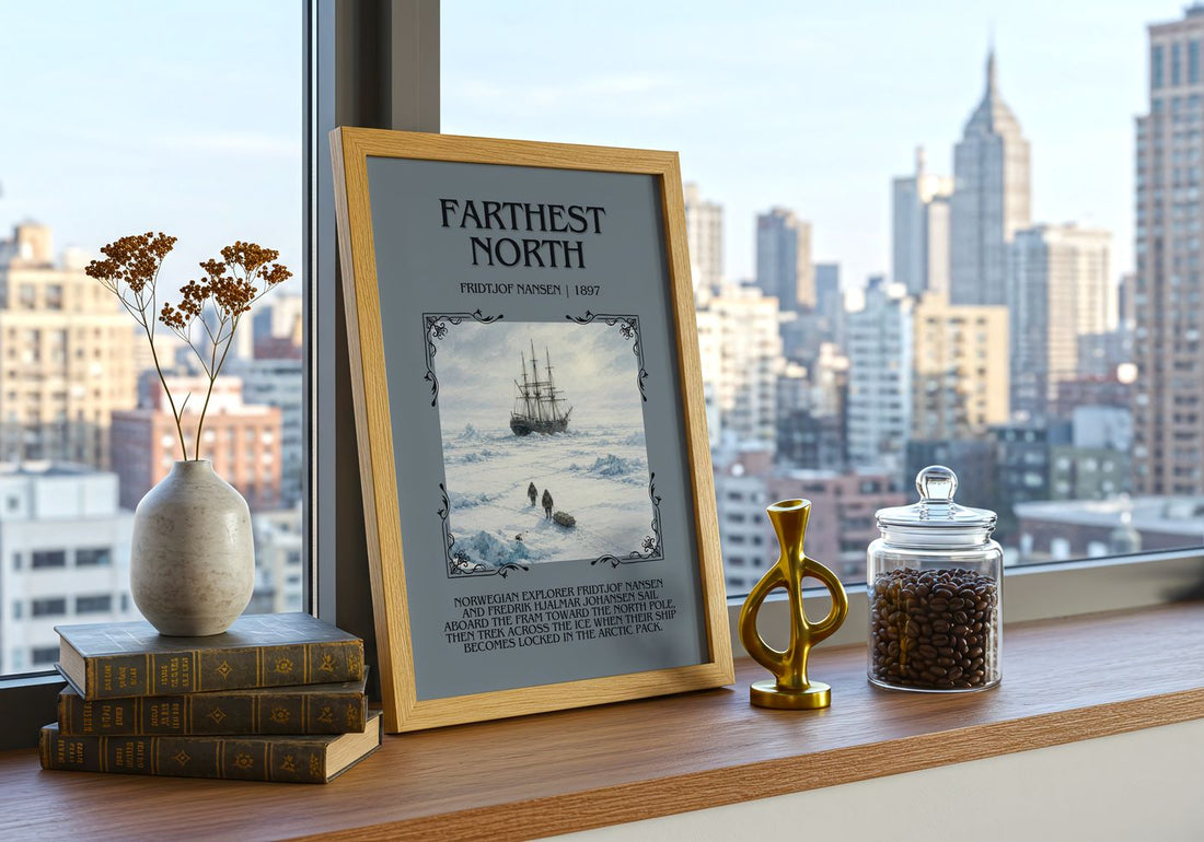 Farthest North Minimalist Book Poster by Fridtjof Nansen – framed print on a city-view windowsill