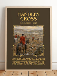 Handley Cross Minimalist Book Poster by R. S. Surtees – framed print leaning on a wooden floor