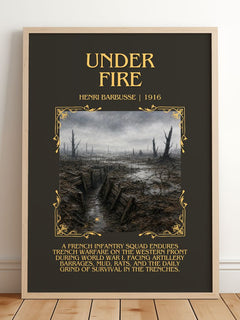 Under Fire Minimalist Book Poster by Henri Barbusse – framed print leaning on a wooden floor