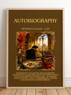 Autobiography Minimalist Book Poster by Benvenuto Cellini – framed print leaning on a wooden floor
