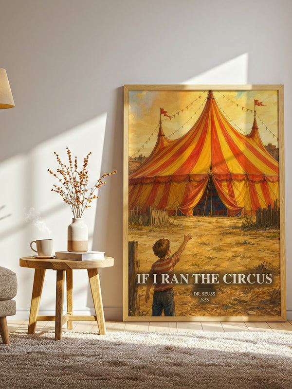 If I Ran The Circus watercolour print in frame leaning in hallway – childrens wall art