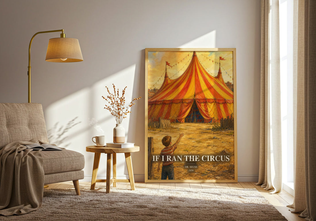 If I Ran The Circus watercolour print in frame leaning in hallway – childrens wall art (mockup)