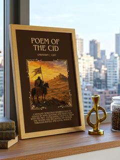 Poem of the Cid Minimalist Book Poster by Unknown – framed print on a city-view windowsill