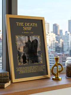 The Death Ship Minimalist Book Poster by B. Traven – framed print on a city-view windowsill