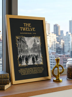 The Twelve Minimalist Book Poster by Alexander Blok – framed print on a city-view windowsill
