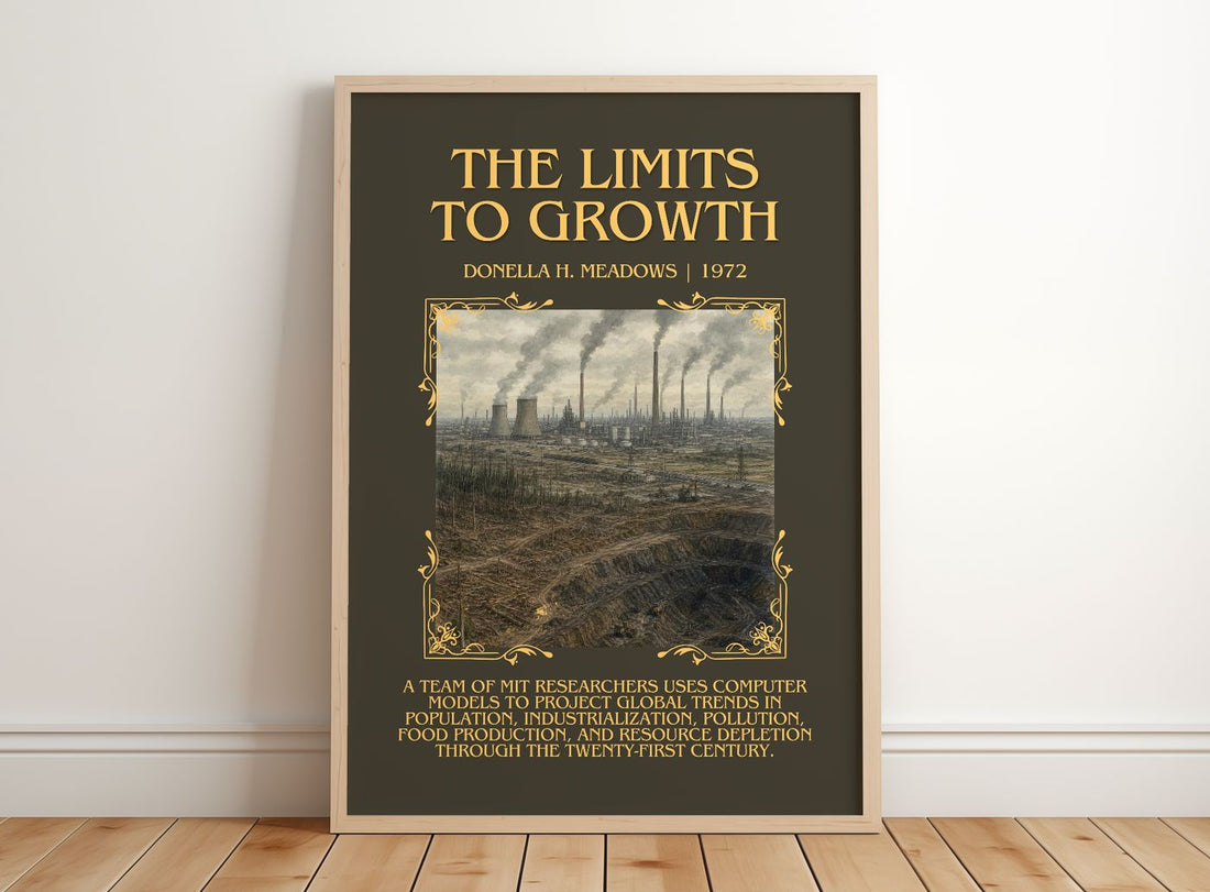 The Limits To Growth Minimalist Book Poster by Donella H. Meadows – framed print leaning on a wooden floor