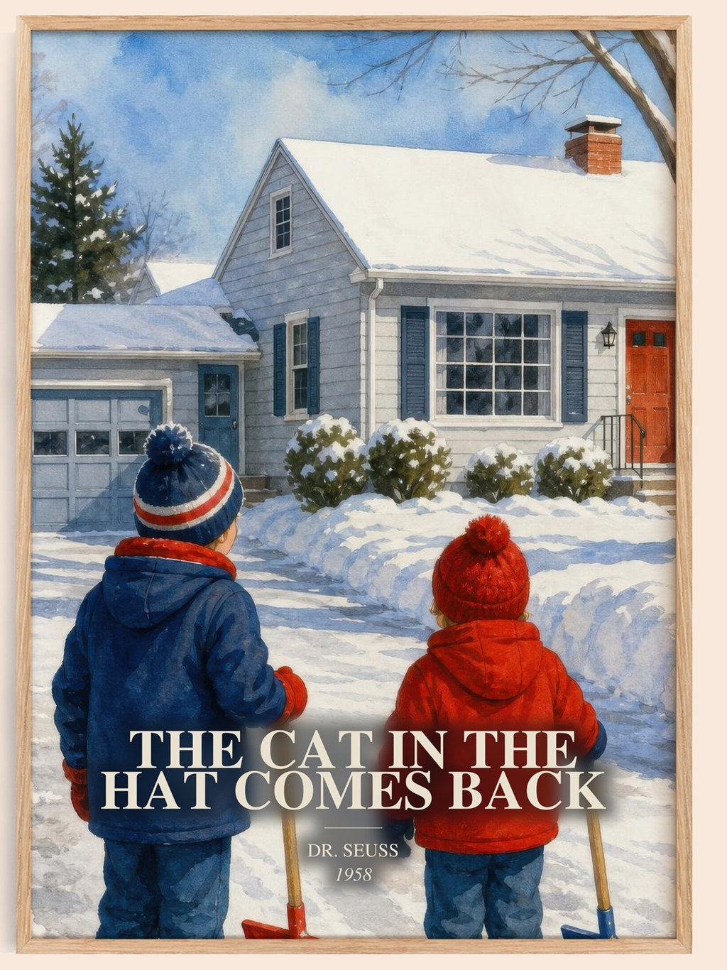 The Cat In The Hat Comes Back watercolour book poster by Dr. Seuss – framed literary art print