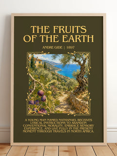 The Fruits of the Earth Minimalist Book Poster by André Gide – framed print leaning on a wooden floor