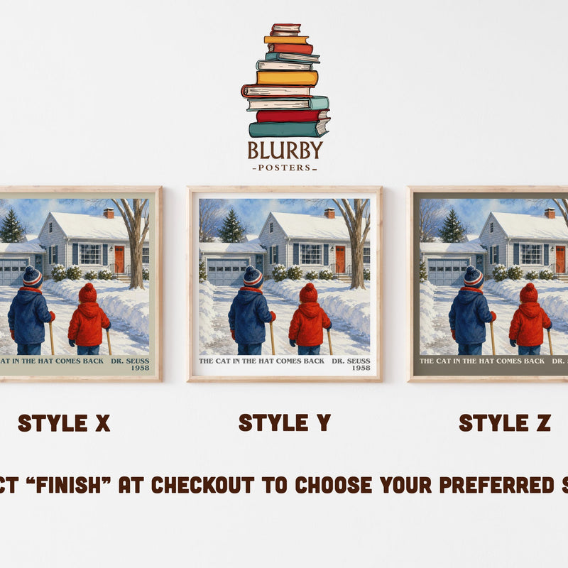 The Cat In The Hat Comes Back literary print in frame leaning in hallway – childrens wall art