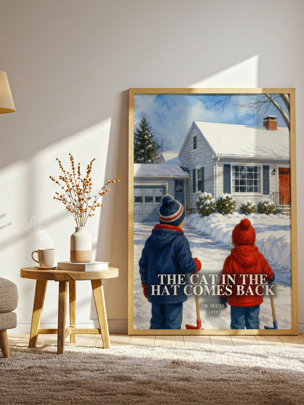 The Cat In The Hat Comes Back watercolour print in frame leaning in hallway – childrens wall art