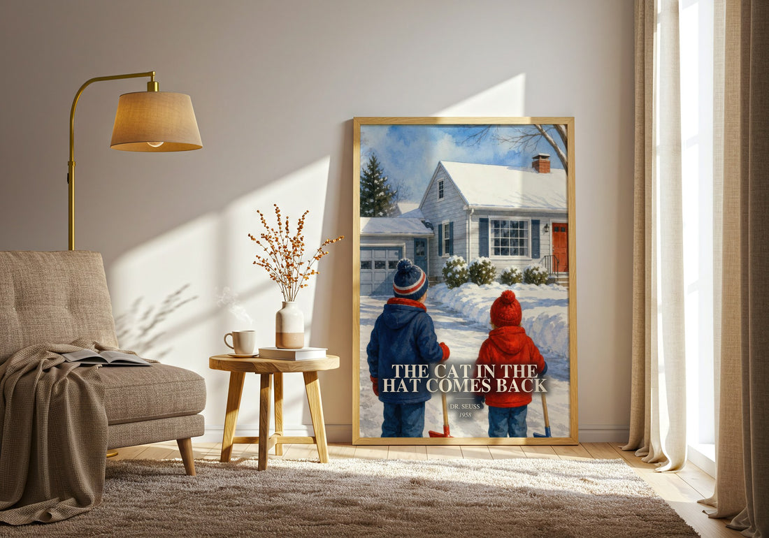 The Cat In The Hat Comes Back watercolour print in frame leaning in hallway – childrens wall art (mockup)