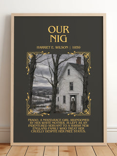 Our Nig Minimalist Book Poster by Harriet E. Wilson – framed print leaning on a wooden floor