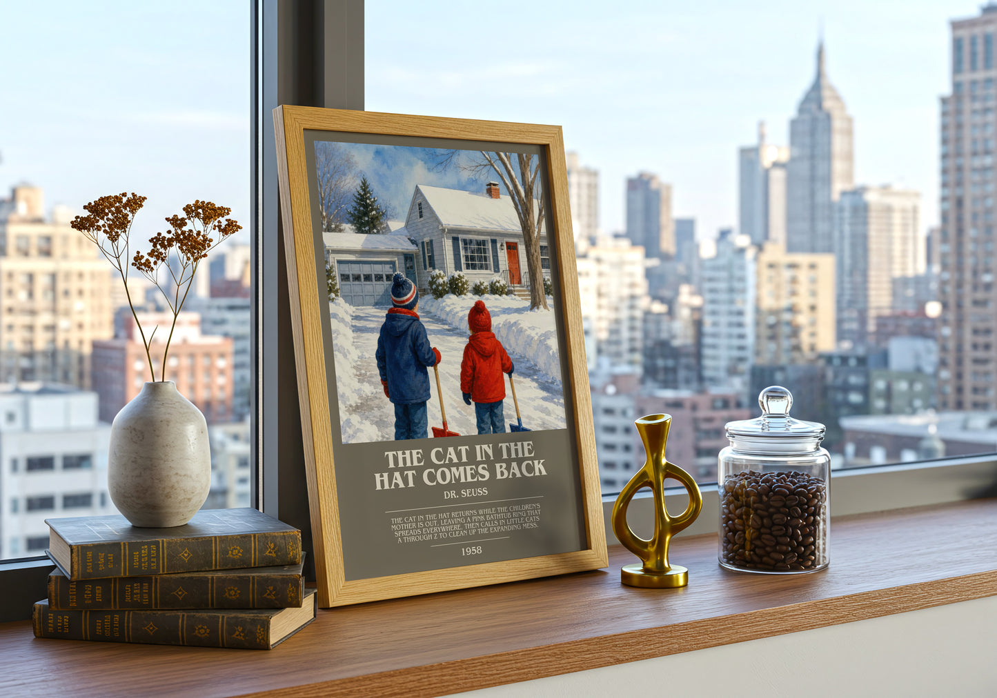 The Cat In The Hat Comes Back bookish print framed by window – literary home decor