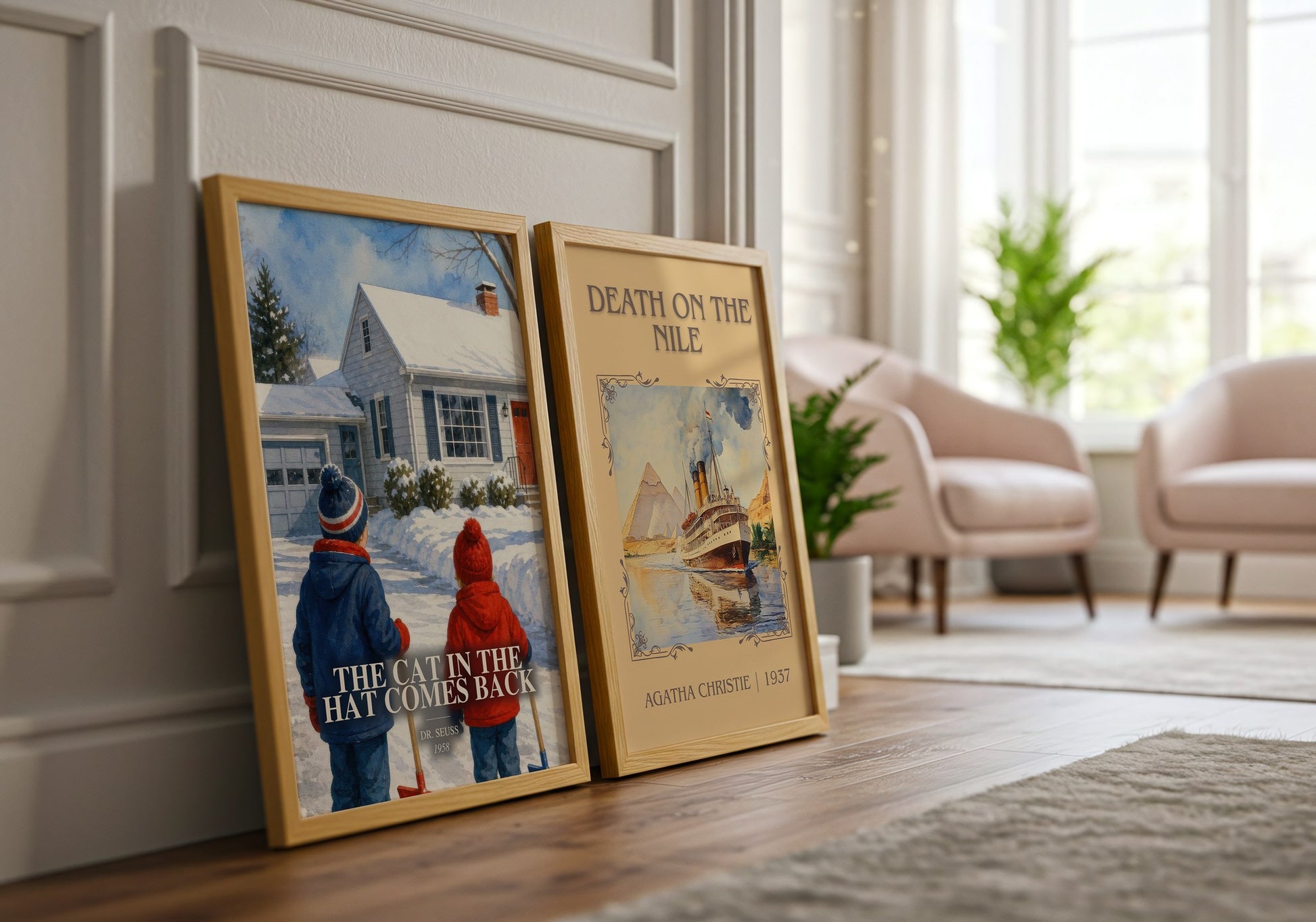 The Cat In The Hat Comes Back watercolour print framed by window – literary home decor