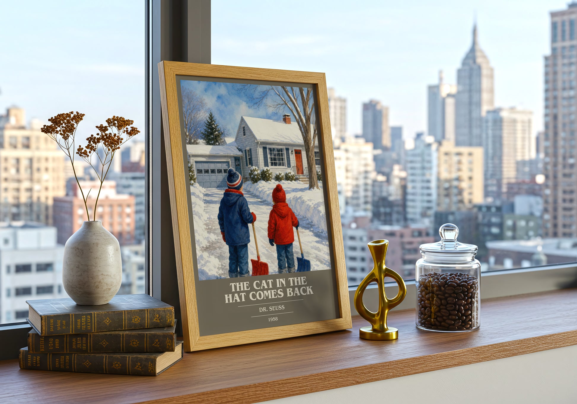 The Cat In The Hat Comes Back book cover print framed by window – literary home decor