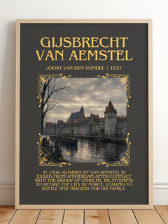 Gijsbrecht Van Aemstel Minimalist Book Poster by Joost van den Vondel – framed print leaning on a wooden floor