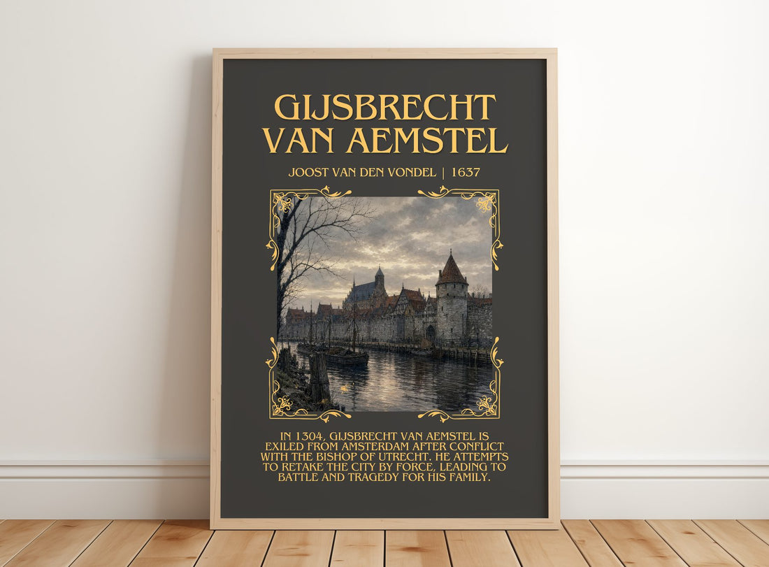 Gijsbrecht Van Aemstel Minimalist Book Poster by Joost van den Vondel – framed print leaning on a wooden floor