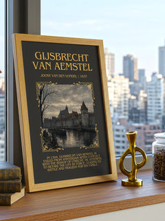Gijsbrecht Van Aemstel Minimalist Book Poster by Joost van den Vondel – framed print on a city-view windowsill