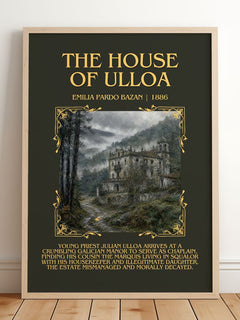 The House of Ulloa Minimalist Book Poster by Emilia Pardo Bazán – framed print leaning on a wooden floor