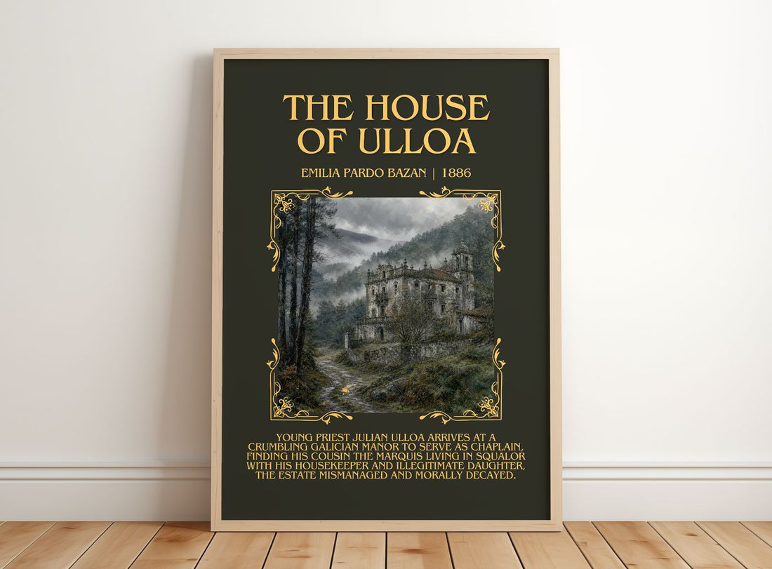 The House of Ulloa Minimalist Book Poster by Emilia Pardo Bazán – framed print leaning on a wooden floor