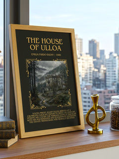 The House of Ulloa Minimalist Book Poster by Emilia Pardo Bazán – framed print on a city-view windowsill