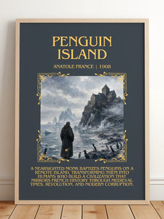 Penguin Island Minimalist Book Poster by Anatole France – framed print leaning on a wooden floor